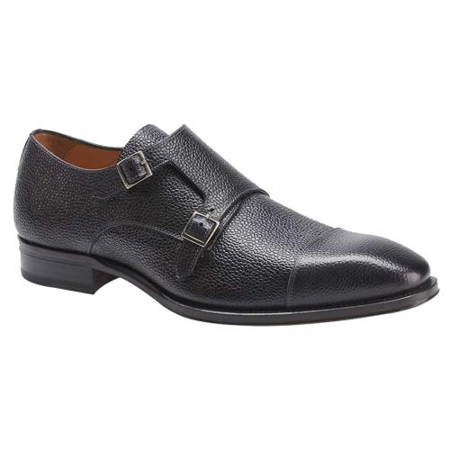 Mezlan "Lubrin" 8013 Black Burnished Genuine Embossed Calfskin Cap Toe Double Monk Strap Loafer Shoes.